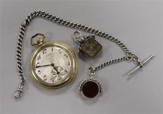 An Elgin engine-turned rolled gold pocket watch, a silver watch chain and two swivel fobs,